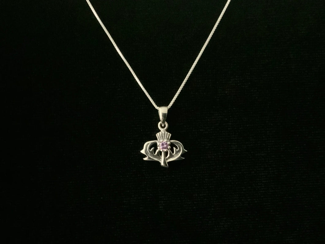 925 Sterling Silver Scottish Thistle Flower Charm Pendant Amethyst CZ + Free Chain