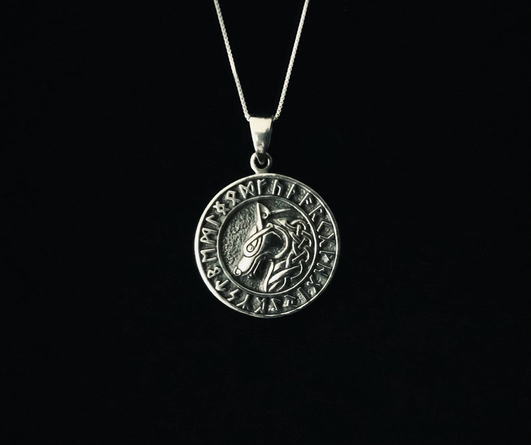 Handcast 925 Sterling Silver Celtic Wolf Pendant accented with Runic Alphabet+ Free Chain Necklace