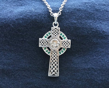 Handcast 925 Sterling Silver Irish Celtic Claddagh Claddaugh Cross Pendant Emerald Green CZ Necklace Free Chain