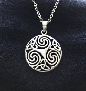 Large Handcast 925 Sterling Silver Celtic Triskele Triple Spiral Triskelion Pendant Necklace + Free Chain