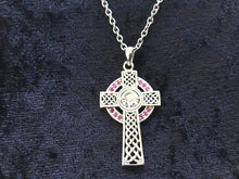 Handcast 925 Sterling Silver Irish Celtic Claddagh Claddaugh Cross Pendant Ruby CZ Necklace Free Chain