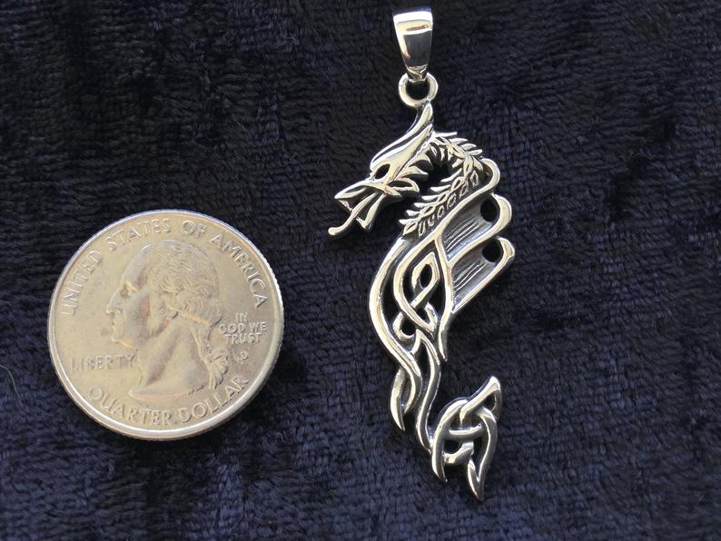 Large Handcast 925 Sterling Silver Celtic Dragon Pendant Necklace + Free Chain