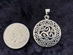 Handcast 925 Sterling Silver Celtic Triskele Triple Spiral Triskelion Pendant Necklace + Free Chain