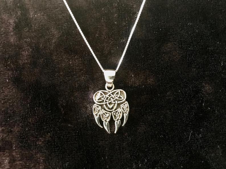 Handcast 925 Sterling Silver Celtic Viking Wolf Claw Paw Pendant with Celtic Knot Designs + Free Chain Necklace