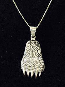 Handcast 925 Sterling Silver Celtic Viking Bear Claw Paw Pendant with Celtic Knot Designs + Free Chain Necklace