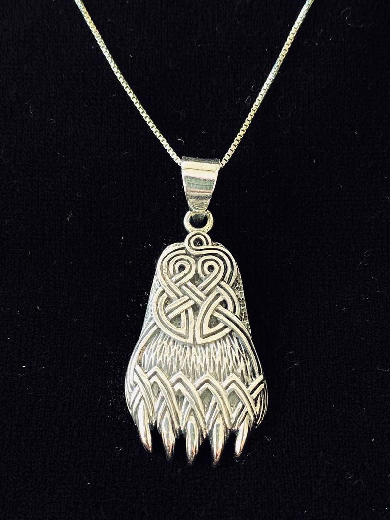 Handcast 925 Sterling Silver Celtic Viking Bear Claw Paw Pendant with Celtic Knot Designs + Free Chain Necklace