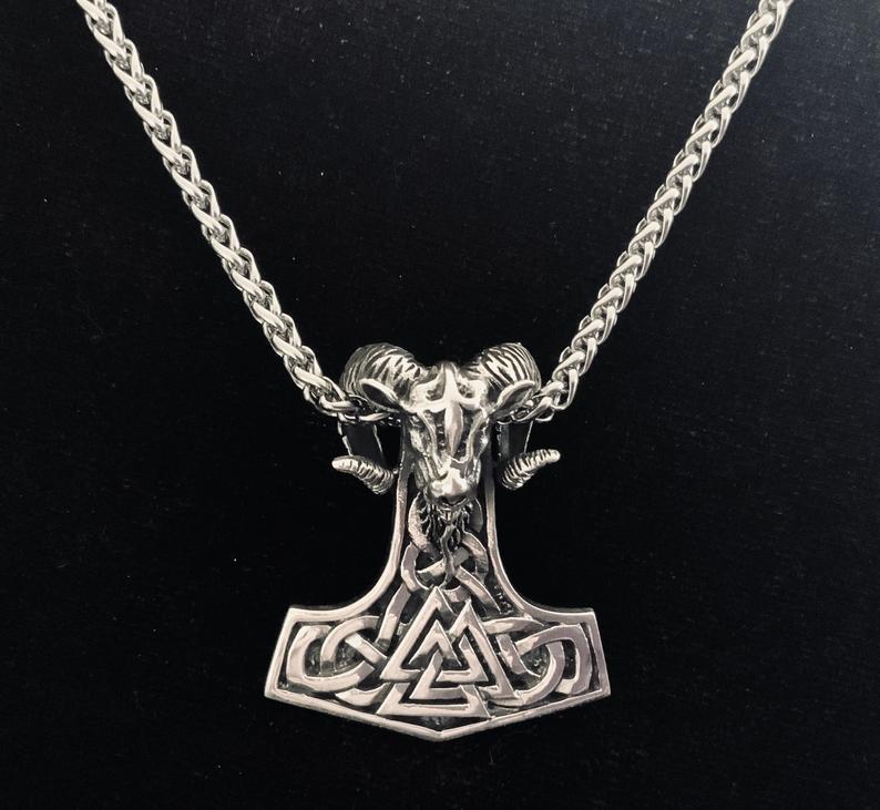 Large Handcast 925 Sterling Silver Norse Viking Ram Ram's Head Thor's Thors Hammer Mjolnir Pendant + Free Chain