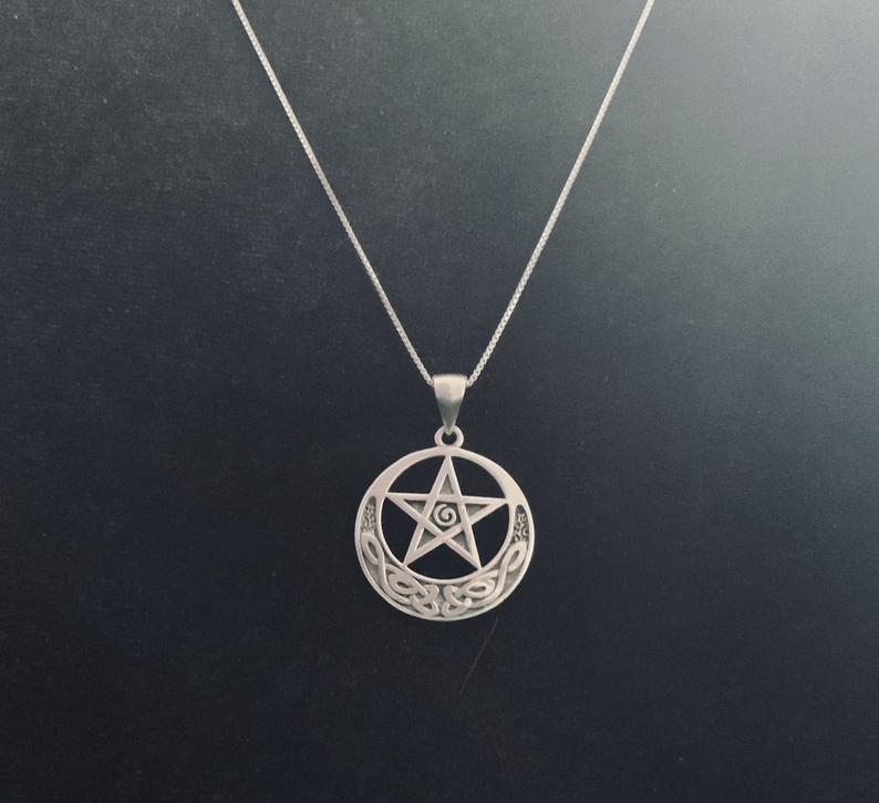 Handcast 925 Sterling Silver Pentacle Crescent Moon Celtic Knotwork Pendant + Free Chain