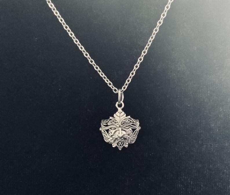 Handcast 925 Sterling Silver Celtic Green Man Pendant with Celtic Knot Designs + Free Chain Necklace