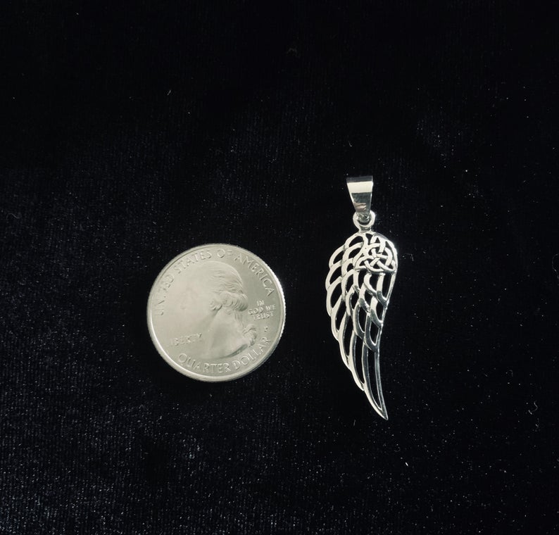 Handcast 925 Sterling Silver Angel Wing Pendant accented with Celtic Triquetra Trinity Knot + Free Chain Necklace