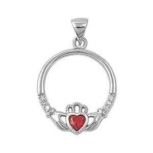 925 Sterling Silver Irish Celtic Claddagh Claddaugh Pendant Red Ruby CZ Necklace Free Chain