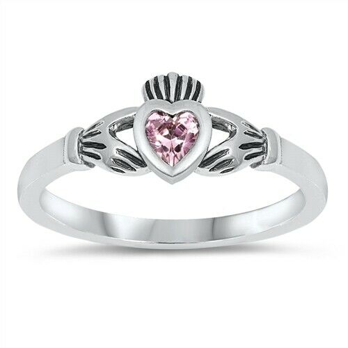 Sterling Silver Irish Claddagh Ring Pink CZ Heart Size 4-10