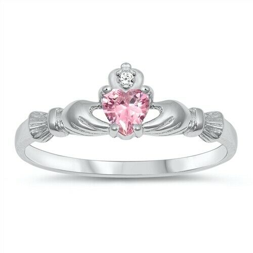 Sterling Silver Irish Claddagh Ring Pink CZ Heart Size 1-10