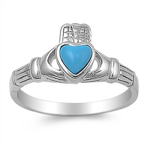 Sterling Silver Irish Claddagh Ring w/ Turquoise Heart Size 4-9