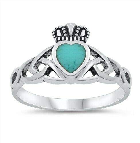 Sterling Silver Irish Claddagh Ring w/ Turquoise Heart Size 5-9