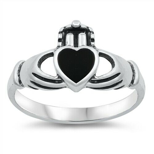 Sterling Silver Irish Claddagh Ring w/ Black Onyx Heart Size 5-9