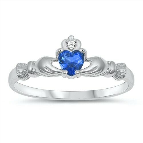 Sterling Silver Irish Claddagh Ring Blue Sapphire CZ Heart Size 1-10