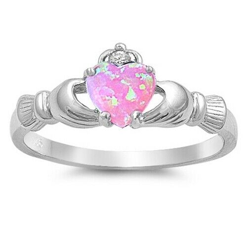 Sterling Silver Irish Claddagh Ring w/ Pink Lab Opal Size 6-13