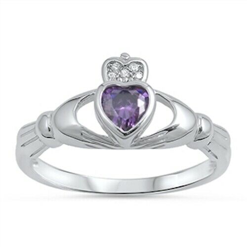 Sterling Silver Irish Claddagh Ring w/ Amethyst CZ Heart Size 4-10