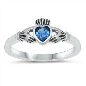 Sterling Silver Irish Claddagh Ring Blue Sapphire CZ Heart Size 1-9