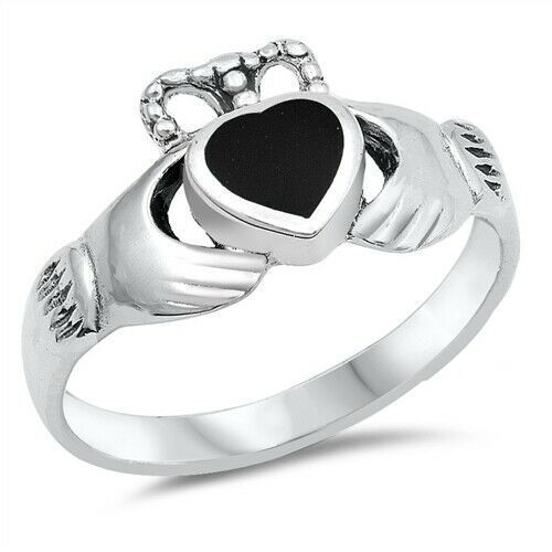 Sterling Silver Irish Claddagh Ring w/ Black Lab Onyx Heart Size 5-12