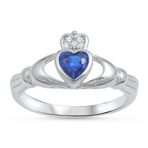 Sterling Silver Irish Claddagh Ring w/ Sapphire CZ Heart Size 4-10