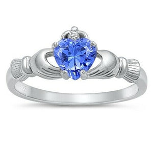 Sterling Silver Irish Claddagh Ring w/ Blue Tanzanite CZ Size 4-12