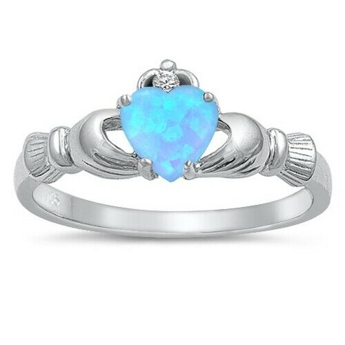 Sterling Silver Irish Claddagh Ring w/ Light Blue Lab Opal Size 4-12