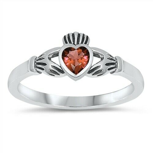 Sterling Silver Irish Claddagh Ring Garnet CZ Heart Size 1-9