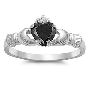 Sterling Silver Irish Claddagh Ring w/ Black CZ Size 3-13