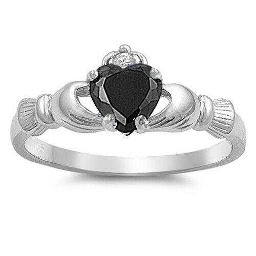 Sterling Silver Irish Claddagh Ring w/ Black CZ Size 3-13