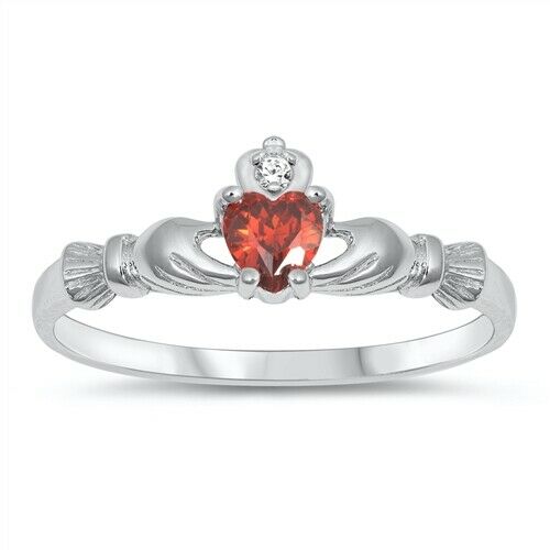 Sterling Silver Irish Claddagh Ring Garnet CZ Heart Size 1-10
