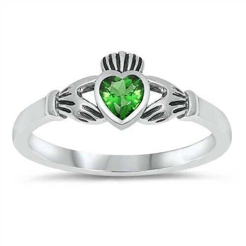 Sterling Silver Irish Claddagh Ring Emerald Green CZ Heart Size 1-9