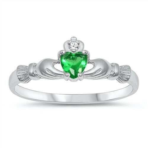Sterling Silver Irish Claddagh Ring Emerald Green CZ Heart Size 1-10