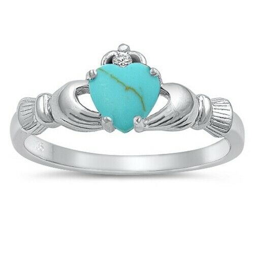 Sterling Silver Irish Claddagh Ring w/ Turquoise Heart Size 4-10