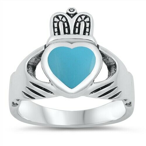 Sterling Silver Men's Irish Claddagh Ring w/ Turquoise