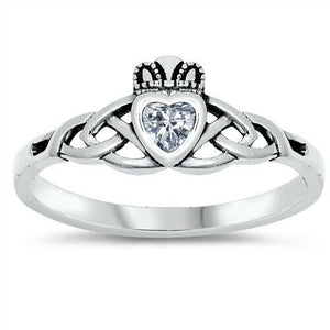 Sterling Silver Irish Claddagh Ring w/ Clear CZ Size 2-10