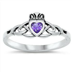 Sterling Silver Irish Claddagh Ring w/ Amethyst CZ Size 3-10