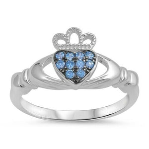 Sterling Silver Irish Claddagh Ring w/ Blue Aquamarine CZ Size 4-10