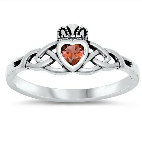 Sterling Silver Irish Claddagh Ring w/ Red Garnet CZ Size 3-10