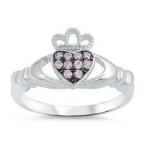 Sterling Silver Irish Claddagh Ring w/ Pink CZ Size 4-10