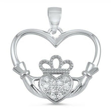 925 Sterling Silver Irish Celtic Claddagh Claddaugh Pendant Clear CZ Necklace Free Chain