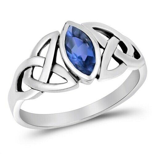 Silver Celtic Trinity / Triquetra Knot Ring Sapphire Blue CZ Size 4-10