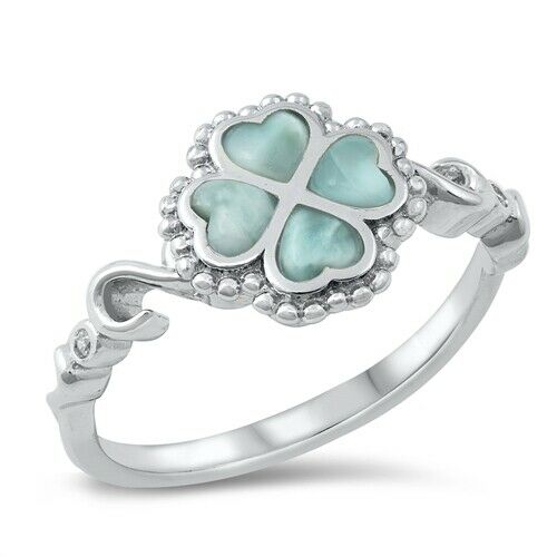 925 Sterling Silver Four Leaf Clover Larimar Stone Ring Band Size 5-10