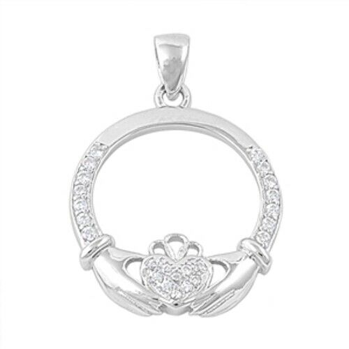 925 Sterling Silver Irish Celtic Claddagh Claddaugh Pendant Clear CZ Necklace Free Chain