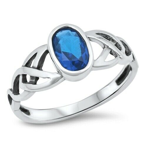 Silver Celtic Triquetra / Trinity Knot Ring Blue Sapphire CZ Size 4-12