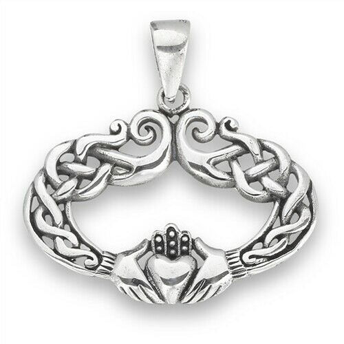 925 Sterling Silver Irish Celtic Claddagh Claddaugh Pendant Necklace Free Chain