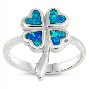 925 Sterling Silver Four Leaf Clover Lab Blue Opal Ring Band Size 6-10