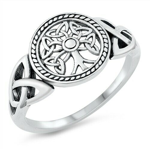 925 Sterling Silver Celtic Tree of Life w/ Triquetra Knot Ring Band Size 5-12