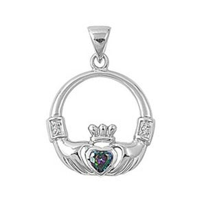 925 Sterling Silver Irish Celtic Claddagh Claddaugh Pendant Rainbow Topaz CZ Necklace Free Chain